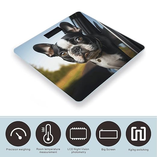 Puppy Dog Boston Terrier Bathroom Scale Rounded Smart Scale for Body Weight Automatic Power On/Off Weight Scales Accurate Bathroom Digital Scales for Pet Home Bedroom Kitchen