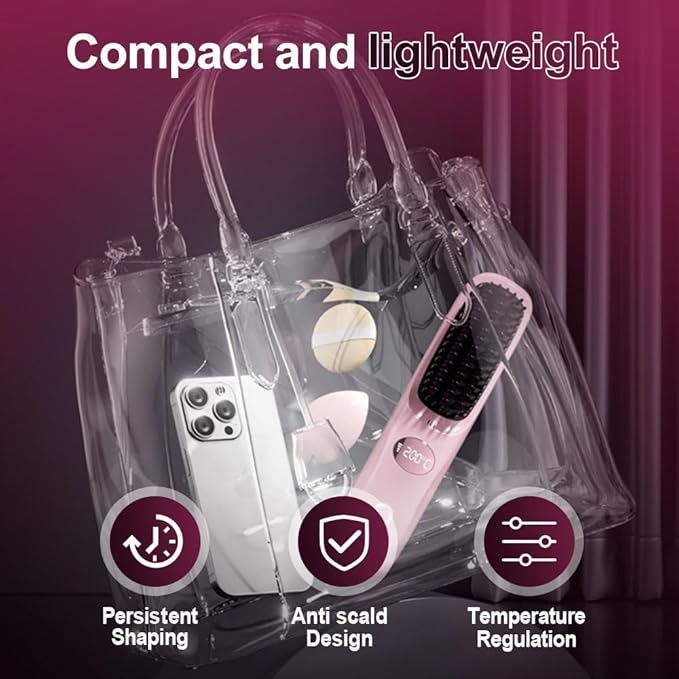 GoBrush Pro for Short HairPortable Straightener Brushes for Travel2026 gobrush pro Cordless Ceramic Hair Straightener with LCD Temperature DisplayFast Styling Brush (Pink)