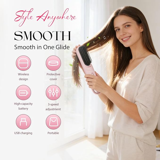 Go Brush - Pro for Short Hair 2026 New Cordless Straightening Brush with 4 Temperature Settings Portable Straightener Brushs for Travel Rechargeable Hair Straightener for Daily Use (Black)