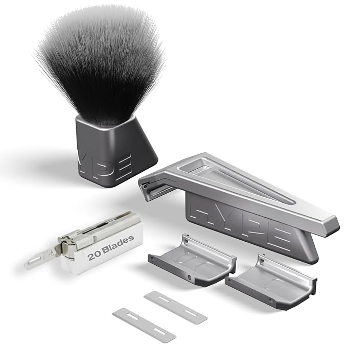 HYPE X1 Single Edge Aluminum Safety Razor Full Set - Ergonomic V-Shaped Design with 3 Customizeble Shave Settings 20 Non-Proprietary Blades Shaving Brush &amp Stand - Silver