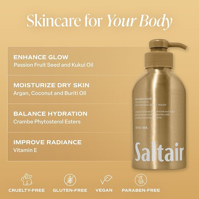 Saltair Body Wash 2-Pack – Moisturizing Body Wash with Vitamin E &amp Hydrating Oil Blend – Scented Shower Gel for Women and Men – Golden Hour Scent 2x 17oz – Vegan Cruelty-Free Paraben-Free