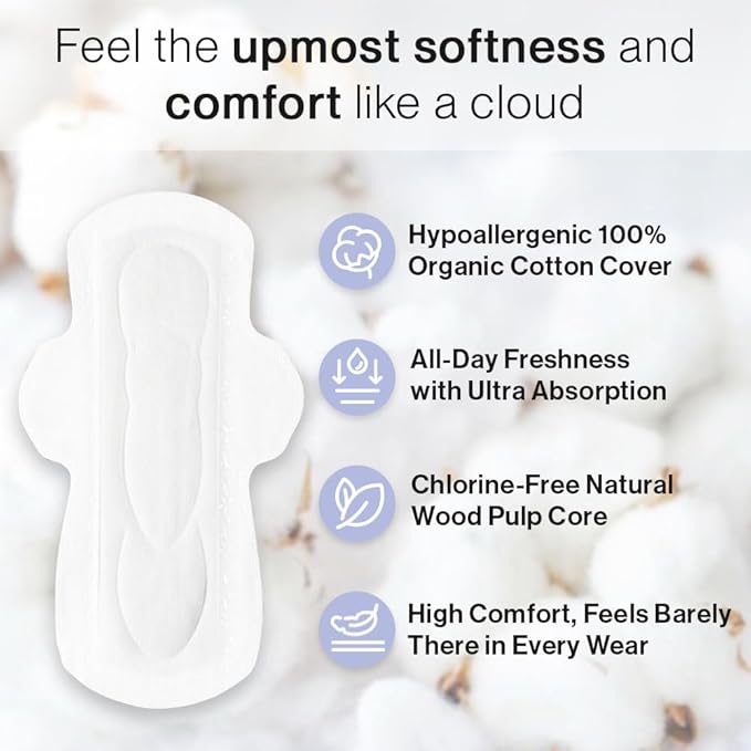 SANDIS Feminine Pad for Women - Regular 56 Count 100% Organic Cotton Ultra Thin with Wings for Periods Menstrual Pads Sanitary Napkins Super Absorbency Leak Protection