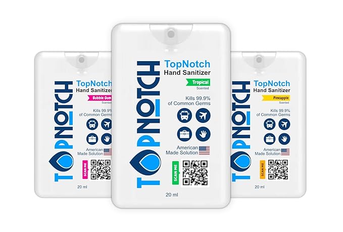 TOP NOTCH Hand Sanitizer Pack of 24 Pocket Spray (20ml) Variety Pack Tropical Bubblegum Pineapple