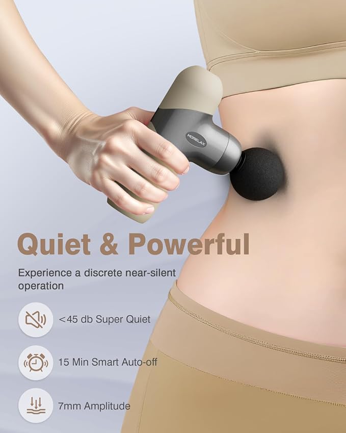 Morelax Mini Massage Gun Deep Tissue Portable Percussion Muscle Massager for Whole Body Pain Relief Electric Handheld Sport Massager with 6 Massage Heads 4 Speed Best Gift (Silver Beige)