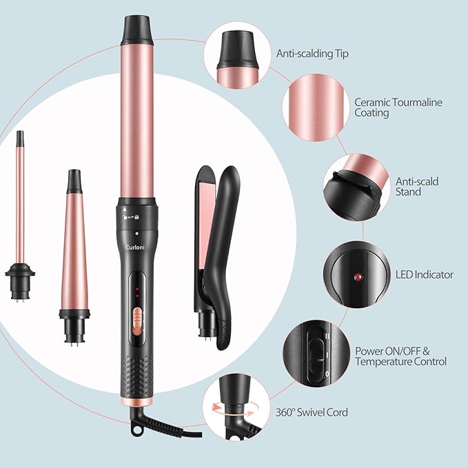 4 in 1 Curling Iron with Interchangeable Ceramic Barrels (0.35-1.5) Curling Wand Set with Flat Iron Hair Straightener Dual Voltage Hair Curler 2 Temps Fast Heat Hair Waver Curler