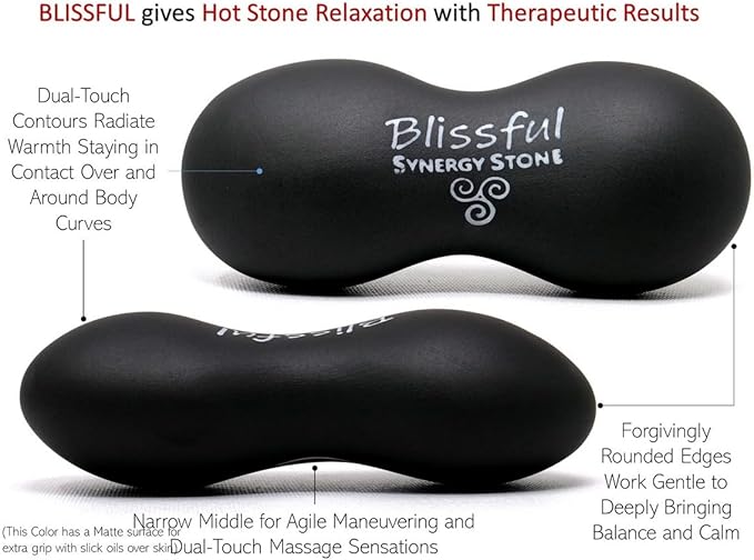Blissful (Basalt Black)(Single) Synergy Stone - Contoured Hot Stone Massage Tool with Radiant Heat - Relaxing and Therapeutic for Neck Back Legs Feet - Matte Surface for on Skin with Oil only