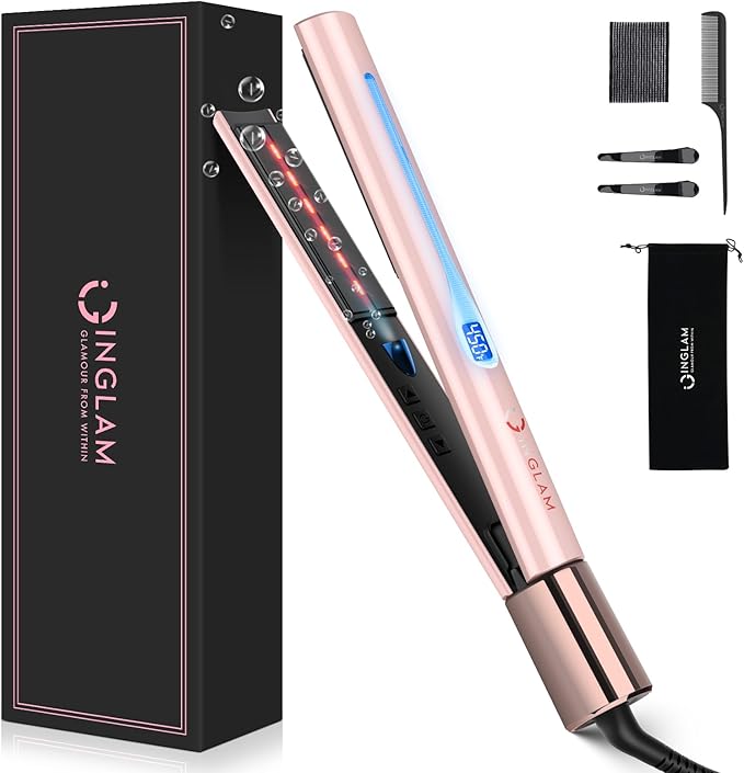 IG INGLAM Titanium Flat Iron Hair Straightener Infrared Curling Iron 1 Inch Negative Ionic Dual Voltage Straightener 11 Adjust Temp 250°F to 450°F Shiny Hair 110-240V Gift Pink