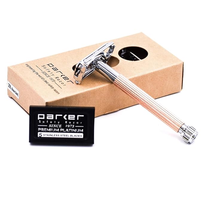 Parker 29L Rose Gold Long Handle Butterfly Open Double Edge Safety Razor for Men &amp Women 5 Parker Premium Platinum Double Edge Razor Blades Included