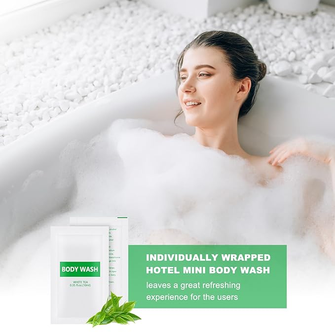 100 pack 0.35 fl oz/10ml Travel Size Shampoo Bulk Individually Wrapped bundle with 100 pack Travel Size Body Wash Bulk White Tea Scent0.35 fl oz/10ml