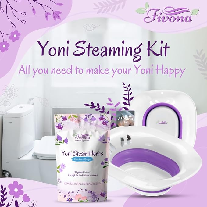 FIVONA 2-in-1 Yoni Steaming Kit Over the Toilet Seat with V Steam Herbs Blue Moon Recipe for Detox Cleansing PH Balance and Odor Control