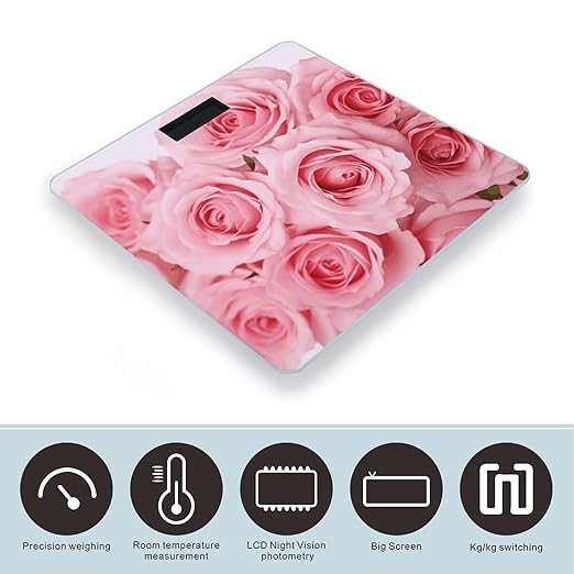 Pink Fresh RosesScale for Body Weight with LCD High Precision Weighing Scales Fashion Sturdy Tempered Glass Weight Scales Easy-to-Read Digital Bathroom Scale for Daily 400lb