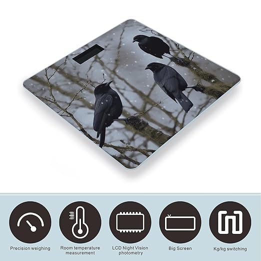 Black Crow Birds Scale for Body Weight Safe Rounded Corners Tempered Glass Digital Bathroom Scale LED Display 400lb Capacity Weight Scales with High Precision Sensors