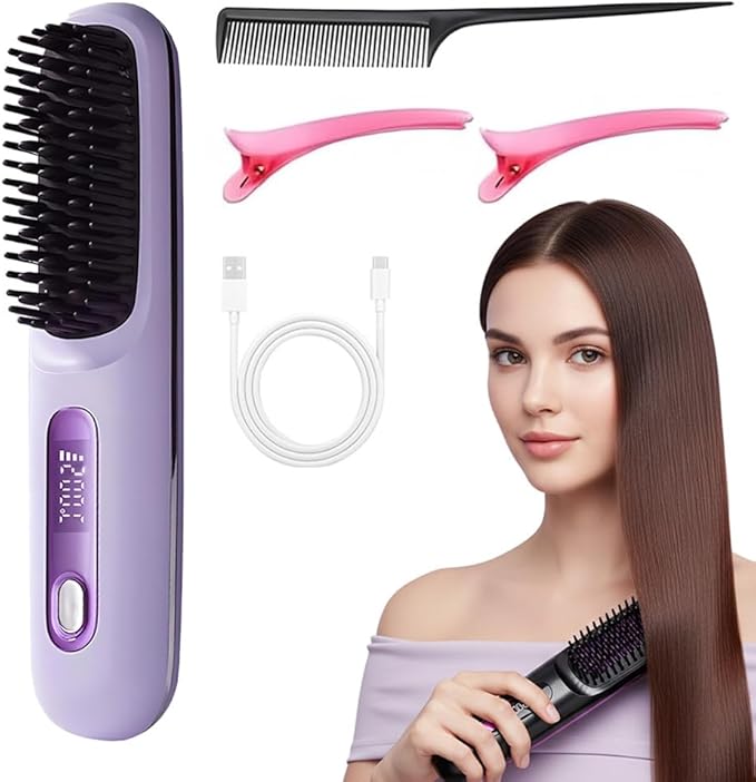 Go Brush for Short Hair 2026 Upgraded Cordless Hair Straightener Brush with LCD Temperature Display Fast Heating 3 Temperature Settings Portable Straightening Brush for Travel (Purple)