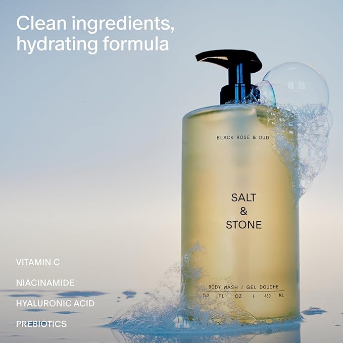Salt &amp Stone Body Wash with Antioxidants for Deep Moisture | For Women &amp Men Sulfate Paraben &amp Dye Free Leaving Skin Soft and Hydrated | Black Rose &amp Oud 15.2 fl oz