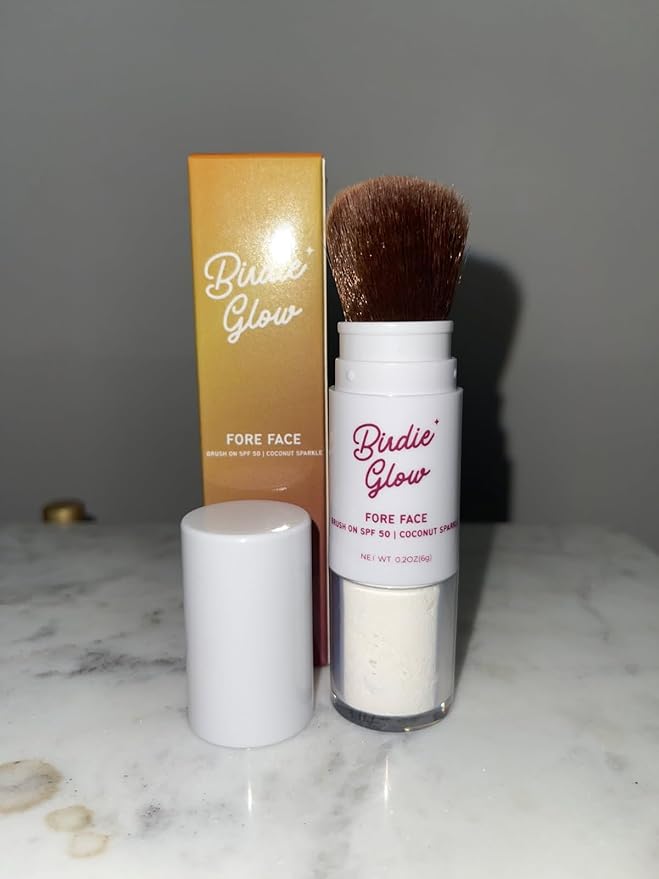 Birdie Glow Brush on SPF 50| Beach Essentials Zinc Oxide Mineral Sunscreen Powder SPF Face Sunblock Brush On Sun Screen Protector for Face and Body 0.20oz