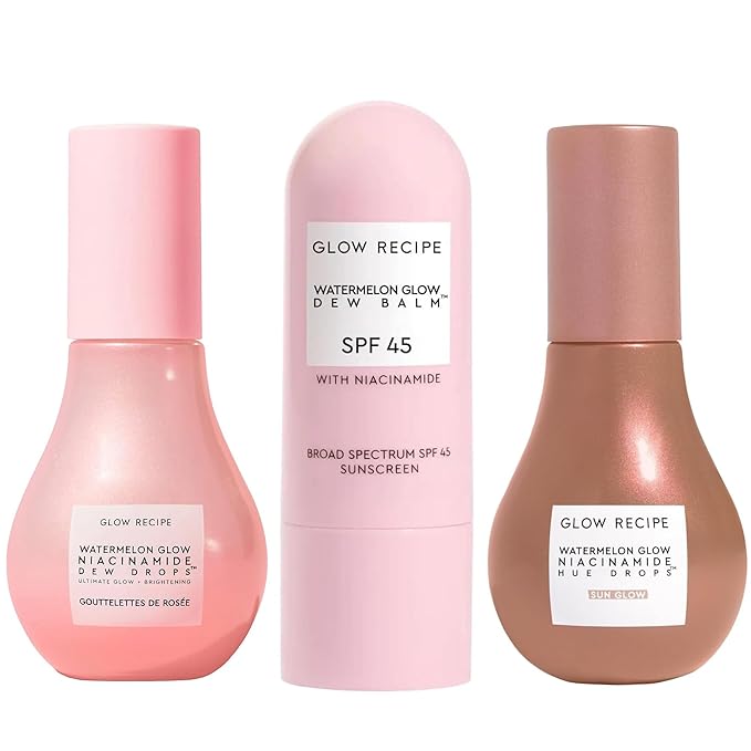 Glow Recipe Watermelon Daytime Trio - Watermelon Glow SPF Dew Balm Sunscreen (0.58 oz) + Niacinamide Dew Drops Serum with Hyaluronic Acid (40ml) + Hue Drops Tinted Serum Bronzer &amp Highlighter (40