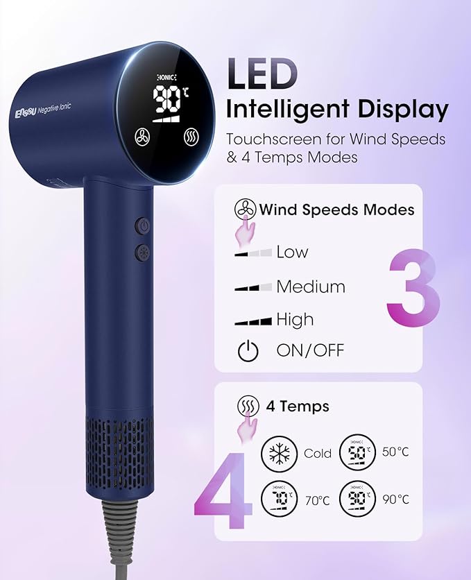 Hair Dryer110000 RPM High-Speed Brushless Motor for Fast Drying with HD Digital Display Low Noise Compact Hair Blow Dryer for Curly Hair for Home Travel Salon #201Purple Blue