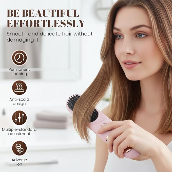 Wireless Rechargeable Ceramic Heating Hair Straightening Comb - Fast Heating Portable Straightener Brush for Travel &amp Home Use (Purple)