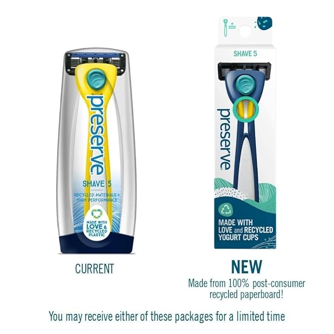 Preserve Shave 5 Five Blade Refillable Razor Made from Recycled Materials Sunshine Yellow and Preserve Five Blade Replacement Cartridges Wave Edition (4 Count) Bundle