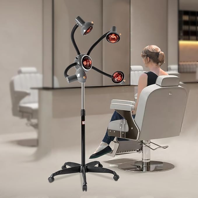 5 Head Infrared Light Heat Therapy Red Lamp Salon Hair Steamer Perming Dyeing Adjustable Height Machine with Rolling WheelsStanding Infrared Heaterfor Perming Oiling(750wBlack)