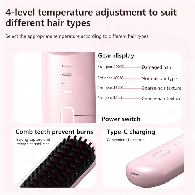 Cordless Hair Straightener Brush-Portable Straightening Comb Plasma Tech 4 Temp-Settings for Travel &amp HomePink1.7x7.8''