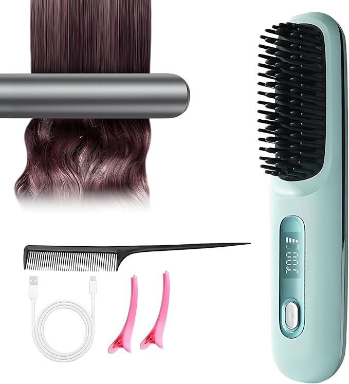 Portable Mini Hair Straightening Brush with Led Display Cordless Hair Straightener Brush Fast Heating Cordless Mini Hair Brushs for Women Short Long Hair (Blue)