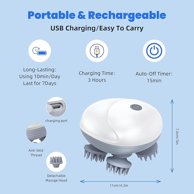 Upgraded Electric Scalp Massager for Men Women Handheld Cat Dog Pet Head Massager with 4 Massage Heads 3 Speeds Waterproof Massager for Soothing Muscles Joints Hair Growth Stress Relax