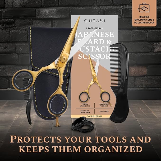 Ontaki Beard &amp Mustache Scissors for Men - 5.5 Japanese Steel Gold Brass - Sharp Blades Ergonomic Finger Rest &amp Adjustable Tension Screw for Perfect Hair Trimming - Beard Scissors