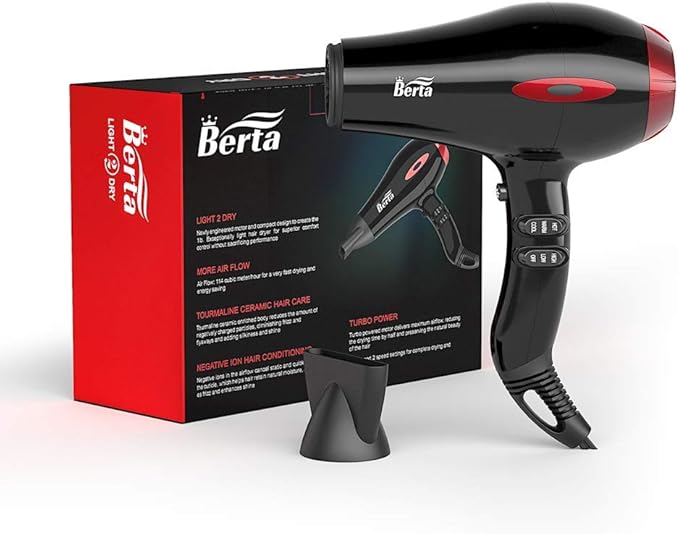 BERTA 1875W Professional Salon Hair Dryer Negative Ionic Blow Dryer 2 Speed 3 Heat Settings Cool Button with AC Motor Concentrator Nozzle &amp Diffuser &amp Comb