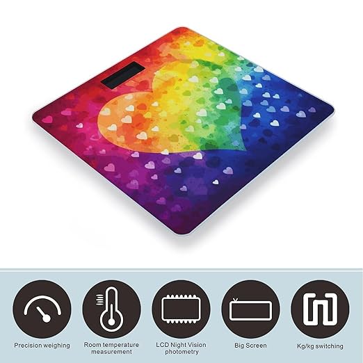 Colorful Rainbow Love Heart Scale for Body Weight Safe Rounded Corners Tempered Glass Digital Bathroom Scale LED Display 400lb Capacity Weight Scales with High Precision Sensors