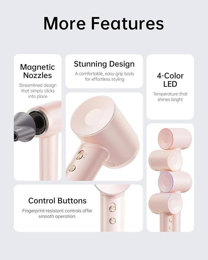 Laifen Hair Dryer High Speed 200M Ionic Blow Dryer with 110 000 RPM Brushless Motor for Fast Drying Low Noise Hairdryer with Magnetic Nozzle Pink
