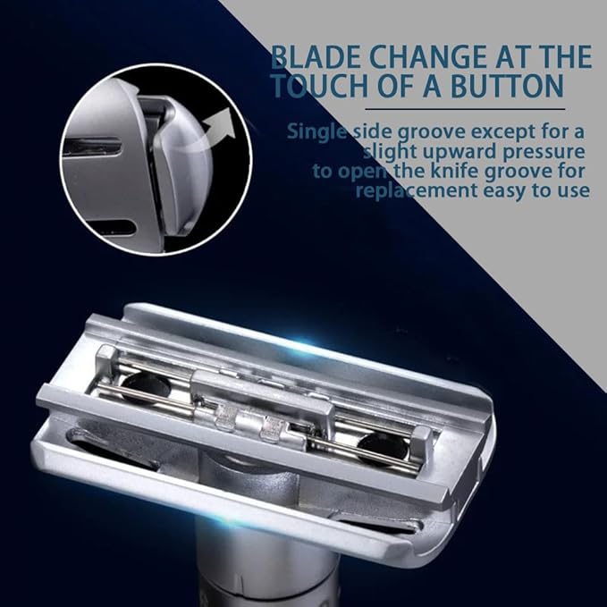 Adjustable double-edged safety razor with 10 platinum-plated stainless steel razor blades + optional stand + complimentary holster reusable razor smooth close shave (Silver)