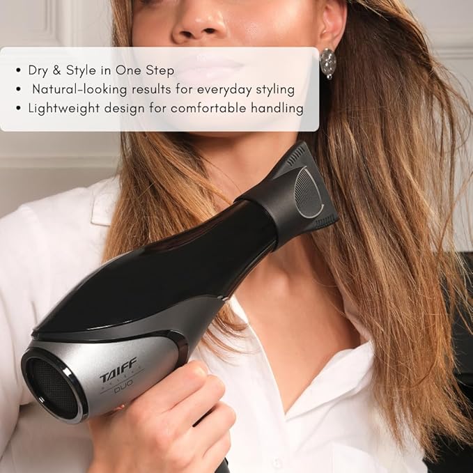 Taiff Unique Duo Professional Hair Dryer – 127V | 1875W Power | AC Motor | Tourmaline + Ionic &amp Ceramic Technology | Titanium Elements | 2 Concentrator Nozzles (Gray)