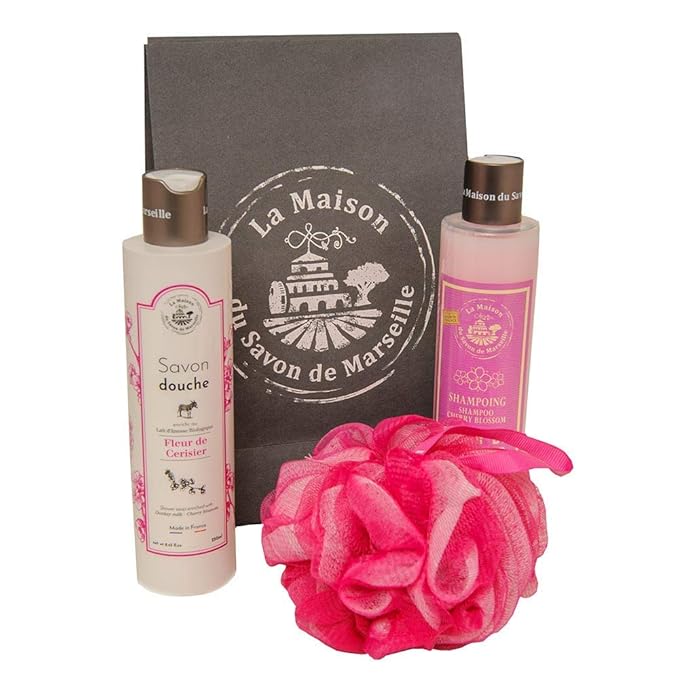 Savon de Marseille - French Body Gift Set for Women - Organic Cherry Blossom Shower Gel Cherry Blossom Shampoo Exfoliating Pink Shower Sponge - Suitable for All Skin Types