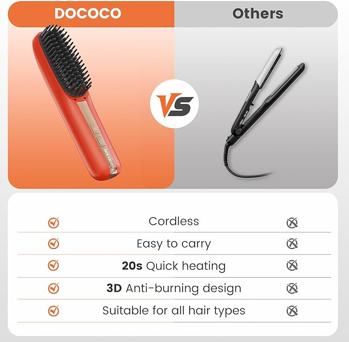 Cordless Hair Straightener Brush DOCOCO Straightening Brush with Adjustable Temperature Heat Brush Hair Straightener for Smooth Anti Frizz Hair Thick Curly Hair Brush Straightener for Women