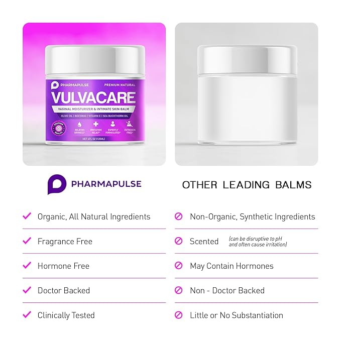Pharmapulse Organic Vaginal Moisturizer Vulva Balm Cream Intimate Skin Care Menopause Support - Relieves Dryness Itching Burning Redness Chafing Odor Irritation - Estrogen Free 4oz