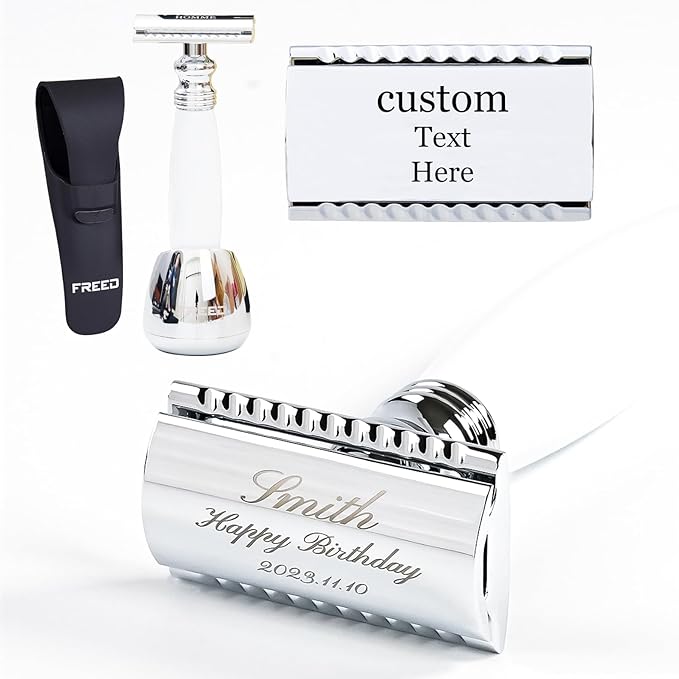 FREED Customized gifts Engraving Shaving Kit - Safety Razor with metal handle include razor base razor travel case and 10 bladesit's the best gift for men (Pearl White)