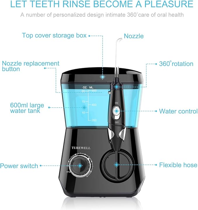 TUREWELL Water Flossing Oral Irrigator 600ML Dental Teeth Cleaner 10 Adjustable Pressure Electric Oral Flosser for Braces 8 Replacement Jet Tips for Family (Black)