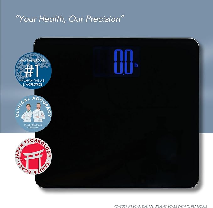 Tanita HD-366F FitScan Digital Weight Scale - 440 lb Capacity - 8mm Tempered Glass Platform - Jumbo Blue Backlit LCD - Sleek Low-Profile Design - Heavy-Duty Durable Build - Japan Technology