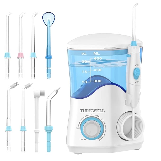 TUREWELL Water Dental Flosser for Teeth/Braces Water Teeth Cleaner 8 Jet Tips and 10 Pressure Levels 600ML Large Water Tank Oral Irrigator for Family(White)