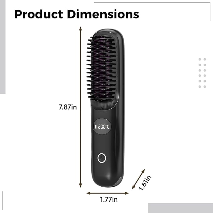 Usb Rechargeable 7.9 In / 20 Cm Cordless Hair Straightener Comb Lcd Portable Hot Brush Ceramic Heating Anti-Scald For Travel 160-200℃