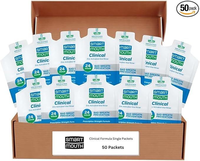 SmartMouth Clinical Zinc Activated Mouthwash Single Packs - On-the-Go Mouth Rinse for Healthy Gum Support - Convenient Portable Packets - Eliminates Bad Breath - Alcohol-Free Non-Burning - 50 Count