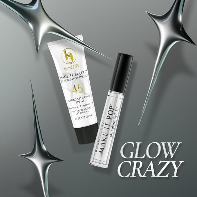 Black Girl Sunscreen – Face &amp Lip Sunscreen Make It Glam Duo – 1 SPF 45 Make it Matte Clear Sunscreen for Face &amp 1 Make it Pop SPF 50 Sungloss for Protected Poppin' Lips White