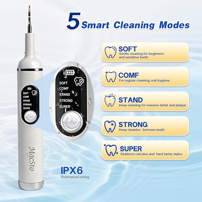 Ultimate Electric Teeth Cleaner - Ultrasonic Tooth Cleaning Violet Light Protection 316F Stainless Steel Heads 5-Speed Modes IPX6 Waterproof Oral Care Kit with 11 Accessories‌ (White)