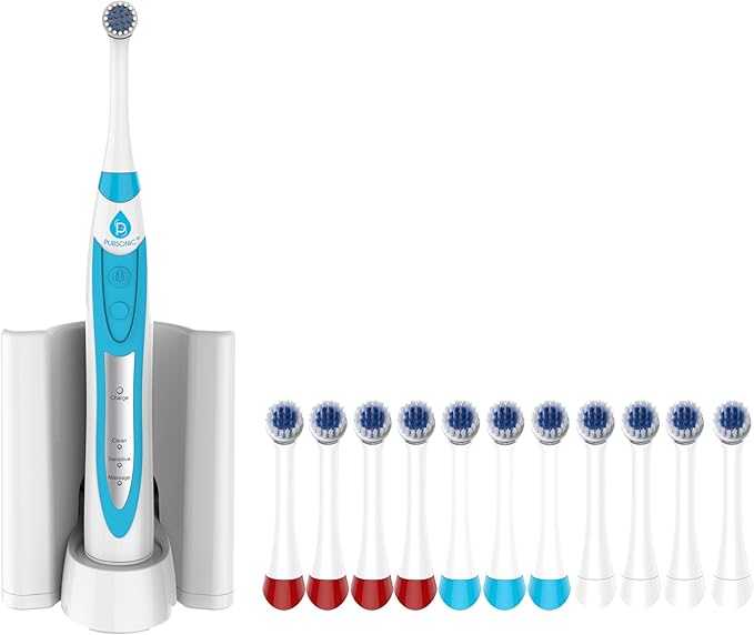 Pursonic S330 Deluxe Electric Toothbrush - Ultra Whitening Oscillating Rechargeable Battery Toothbrush for Adults with Dock Charger &amp 12 Brush Heads (Value Pack) (White)