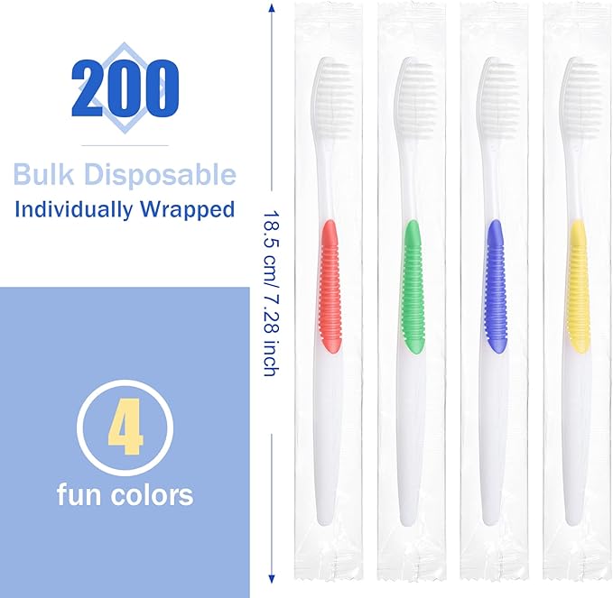 Honeydak 200 Packs Bulk Disposable Toothbrushes - Individually Wrapped Multicolor Soft Bristle Medium Manual Travel Toothbrushes for Hotel Toiletries(Stylish)