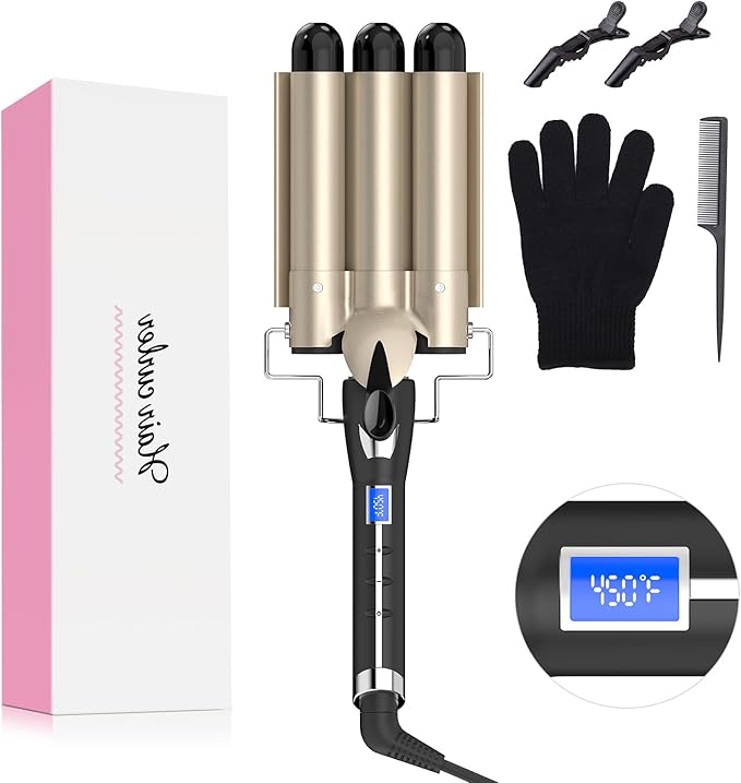 Three Barrel Curling Iron 1.1 Inch for Soft Mermaid Waves AIMERVO Hair Crimper 15 Adjustable Heat Settings with LCD Temperature Display Tourmaline Ceramic Deep Waver Includes Heat Resistant Glove