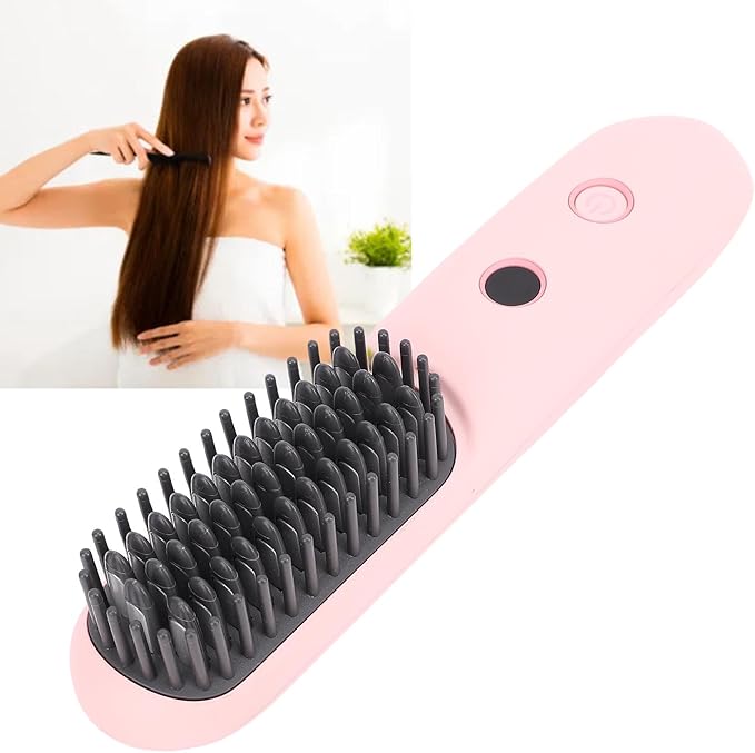 Negative Ionic Hair Straightener Portable Brush Cordless Hair Straightening Comb 2 in 1 Curler with 6400mAh Battery 3 Temp Settings 160C180C200C for Travel &amp Home(Pink)