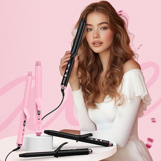 FARERY Long Barrel Curling Iron 1 1/4 inch 1.25 Inch Curling Iron for Thin Hair Infused Argan Oil &amp Keratin 11 Adjustable Temp Include Clips &amp Silicone Pad Pink