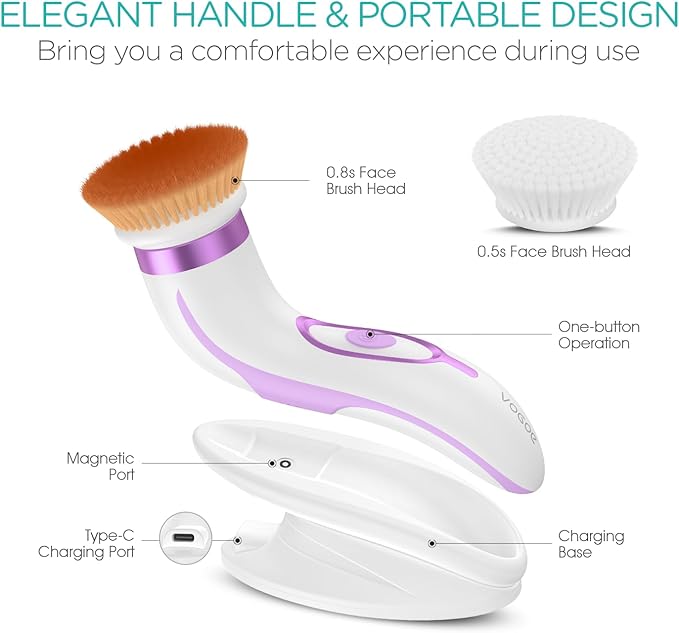 Facial Cleansing Brush-Spin Face Scrubber Exfoliator Rechargeable 2-Speed Rotation Electric Face Wash Brushes for Cleansing and Exfoliating with 2 Brush Heads Purple